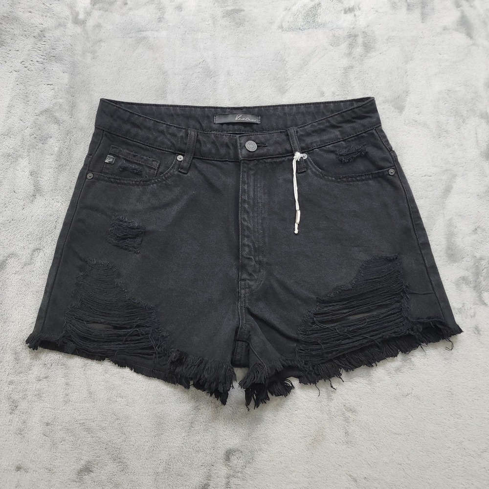 Kancan Shorts Womens L Black High Rise Frayed Stretch Distressed 2 1/2" Shortie